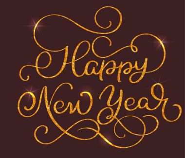 Mutlu yeni yıl metni kahverengi zemin üzerinde. Vektör çizim Eps10 yazı elle çizilmiş hat