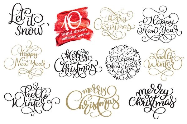 Ensemble de dix textes de calligraphie de Noël écrits à la main Joyeux Noël Bonne année Bonjour hiver pour la carte de vœux. illustration vectorielle faite à la main — Image vectorielle