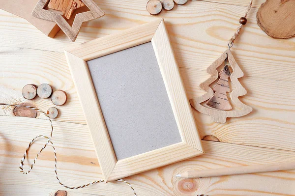 Wooden frame Christmas mockup, stock photography. Design works presentations, for bloggers and social media — Stock Photo, Image