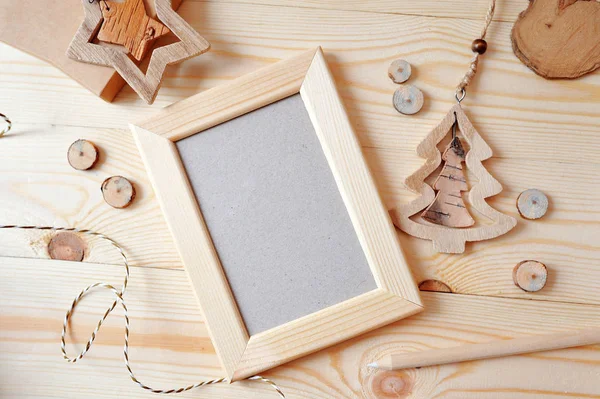 Wooden frame Christmas mockup, stock photography. Design works presentations, for bloggers and social media. Flat lay, top view photo mockup — Stock Photo, Image
