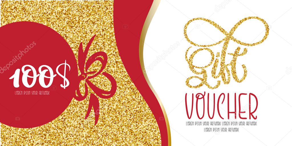 Voucher template with gold gift box certificate. Background design coupon invitation currency. Vector illustration