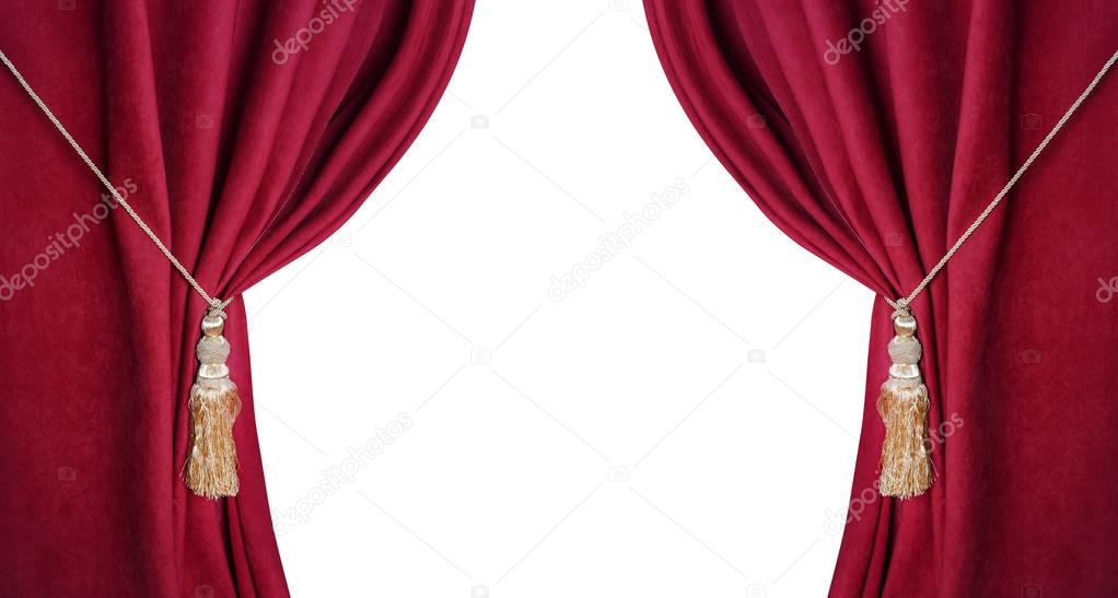 Open theatrical red blind isolated on white background