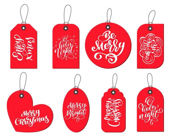Vector röda etiketter Taggar samling med kalligrafi bokstäver citat Njut xmas, vara glada, O holly natt, Merry ljusa, Merry Christmas, Ho-ho-ho — Stock vektor