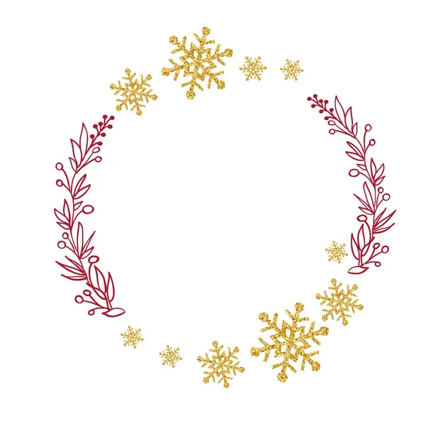 Corona roja con ramas de árbol y copos de nieve de oro. Ilustración vectorial — Vector de stock