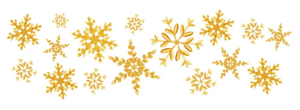 Weihnachten Gold Schneeflocken Spritzen einer zufälligen Streuung Schneeflocken isoliert auf weiß. Schneeexplosion. Eissturm — Stockvektor