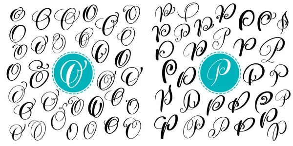 편지 O, P. 손으로 그린 벡터 번 창 서 예를 설정 합니다. 스크립트 글꼴입니다. 잉크와 함께 작성 하는 고립 된 편지. 필기 브러쉬 스타일입니다. 로고 포장 디자인 포스터에 대 한 손 글자 — 스톡 벡터