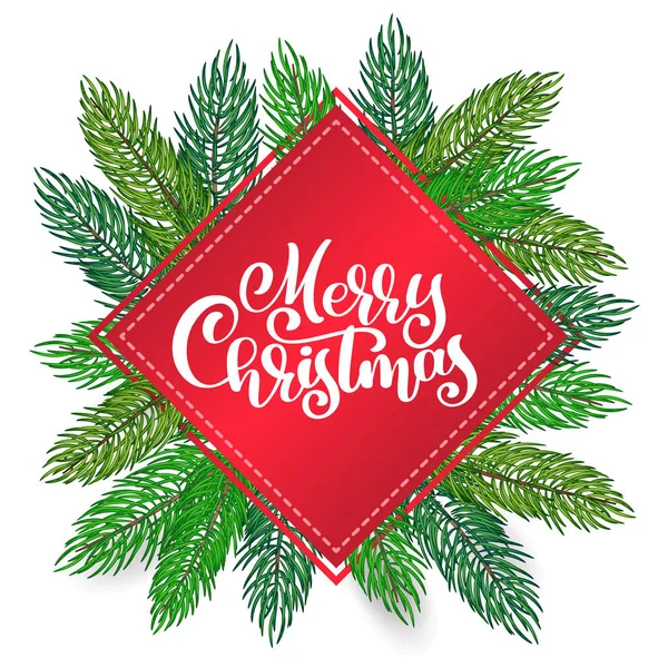 Szöveg kézi boldog karácsonyt kalligráfia betűkkel írt a háttérben a karácsonyfa. Kézzel készített vektor illusztráció. Szórakoztató ecsettel festék tipográfiát fotó matricák, póló nyomtatás, szórólap, plakát — Stock Vector