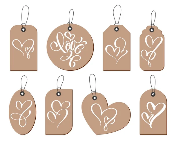 Kraft gift tags with the inscription love and two heart. Collection of hand drawn cute Valentines Day, marriage, wedding, birthday, love, romantic theme — Stock Vector