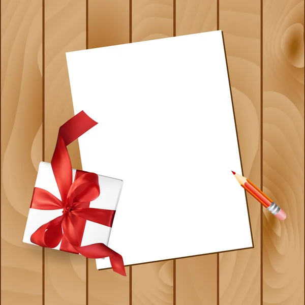 Carta de Navidad con un lápiz y un lazo rojo regalo sobre un fondo de madera. Ilustración de vista superior vectorial — Archivo Imágenes Vectoriales