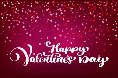 Kaligrafi mutlu Sevgililer günü kalpli pembe ve kırmızı konfeti vektör Sevgililer kartı şekil