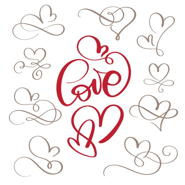 Set bloeien kalligrafie vintage liefde en harten. Illustratie vector hand getrokken, handgeschreven vector stijl happy Valentijnsdag teken — Stockvector