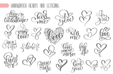 Büyük set yazı aşk hakkında yazılı Sevgililer günü ve kalp Tasarım poster, tebrik kartı, fotoğraf albümü, afiş için el, hat vektör resim koleksiyonu güzelleşmek