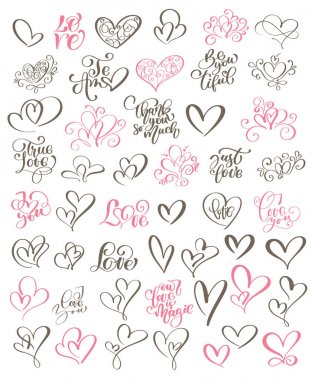 Büyük set yazı aşk hakkında yazılı Sevgililer günü ve kalp Tasarım poster, tebrik kartı, fotoğraf albümü, afiş için el, hat vektör resim koleksiyonu güzelleşmek