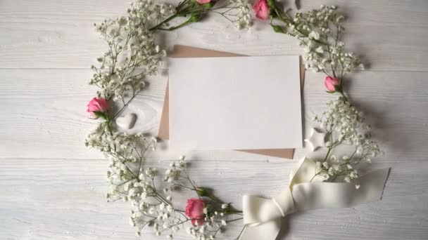 Letter with wreath of flowers greeting card for St. Valentines Day in rustic style with place for your text, Flat lay, top view