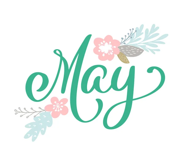 Hand sketched Hello May text as logotype and Scandinavian flowers. Spring postcard card invitation banner template. Warm season lettering typography. Seasons Greetings — Stock Vector