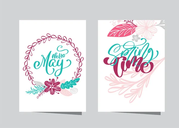 Letras dibujadas a mano Hola mayo en el marco redondo de flores guirnalda y primavera en ramas y hojas. ilustración vectorial escandinava. Diseño para invitaciones de boda, tarjetas de felicitación — Archivo Imágenes Vectoriales