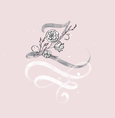 El hat harf Z with çiçek çekilmiş. suluboya komut dosyası yazı tipi. Mürekkeple yazılmış izole mektuplar. Fırça tarzı el yazısı. Tasarım poster, düğün, ambalaj logolar için yazı el doğum günü