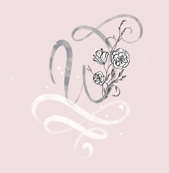 Handen ritade kalligrafi bokstaven W med blomma. akvarell Script typsnitt. Enstaka brev skrivna med bläck. Handskrivna borste stil. Hand lettering för logotyper förpackning design affisch, bröllop, födelsedag — Stockfoto