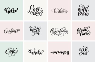 Hoşgeldiniz, teşekkür ederim, kutlama, iyi şanslar, hafta sonu, vb. Vektör modern hat olumlu tırnak ayarla ve çizilmiş öğeleri el. Tipografik kavramı. Kartları, posterleri, fotoğraf yerleşimi için kullanılabilir