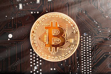 Bitcoin altın sikke ve çözülmüş grafik arka planı. Sanal kripto para birimi kavramı