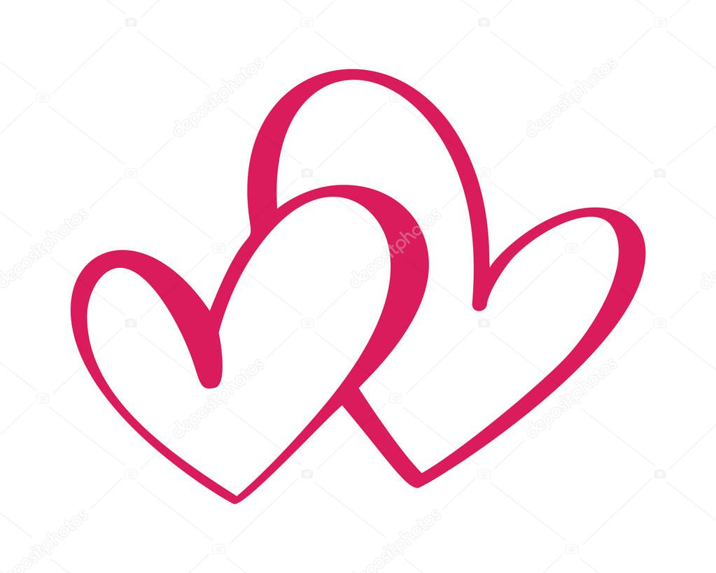 Heart two love sign. Icon on white background. Romantic symbol linked, join, passion and wedding. Template for t shirt, card, poster. Design flat element of valentine day. Vector illustration