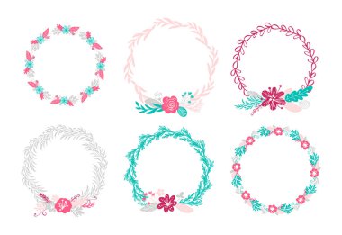 Bahar çiçek çelenk buket çiçek İskandinav tarzında beyaz arka plan üzerinde izole botanik öğeleri ayarlayın. Çizilmiş vektör çizim el