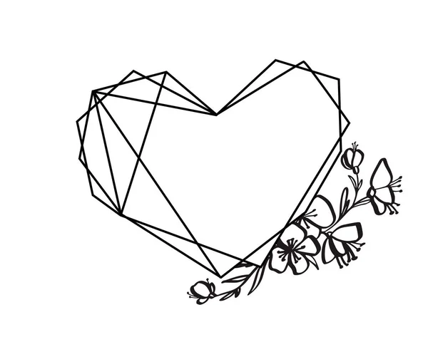 Geometría floral gráfica marco del corazón. Hojas vectoriales y flores en linda viñeta aislada sobre fondo negro. Boda, San Valentín Decoraciones estilo día — Vector de stock
