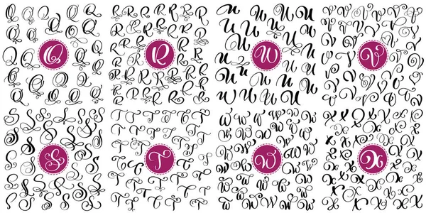 Ange bokstaven Q, R, S, T, U, V, W, X Hand dras vektor blomstra kalligrafi. Script typsnitt. Enstaka brev skrivna med bläck. Handskrivna borste stil. Hand bokstäver för logotyper förpackning design affisch — Stock vektor