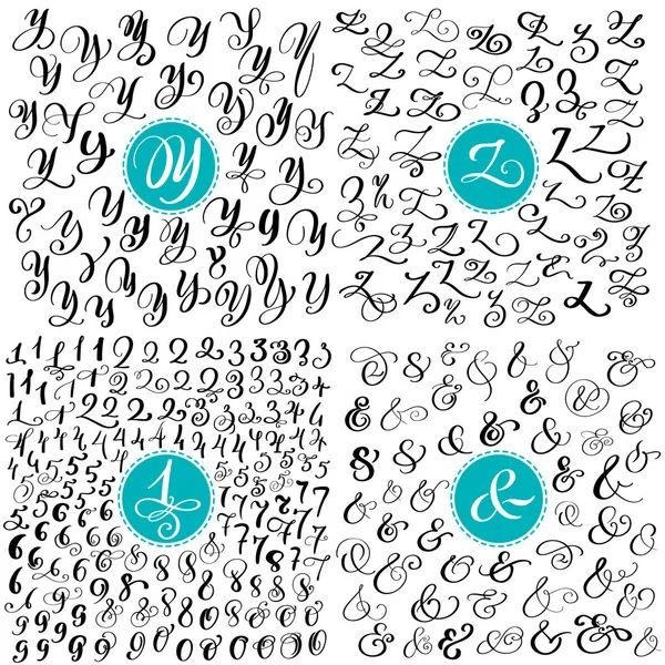 Y, Z, 숫자, 앰퍼샌드 문자를 설정 합니다. 손으로 그린 벡터 번 창 서 예 스크립트 글꼴입니다. 잉크와 함께 작성 하는 고립 된 편지. 필기 브러쉬 스타일입니다. 로고 포장 디자인 포스터에 대 한 손 글자 — 스톡 벡터