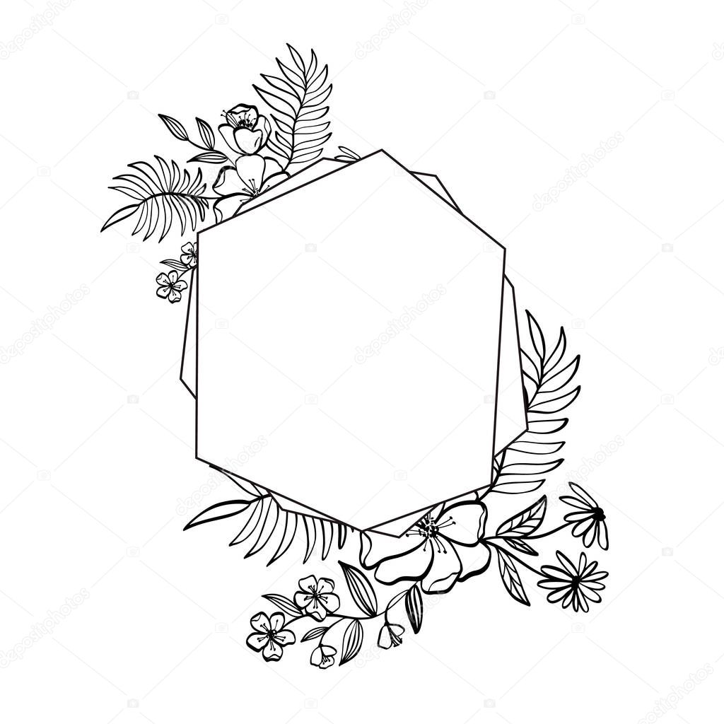 Graphic floral geometry frame. Vector leaves and flowers in cute
