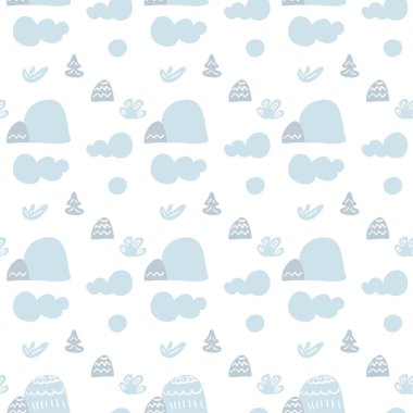Çizgi film İskandinav kusursuz deseni. Bulutlu, dağlı ve ağaçlı vektör manzarası. Resim, duvar kağıdı, tekstil, web sayfası arka planı için kullanılabilir