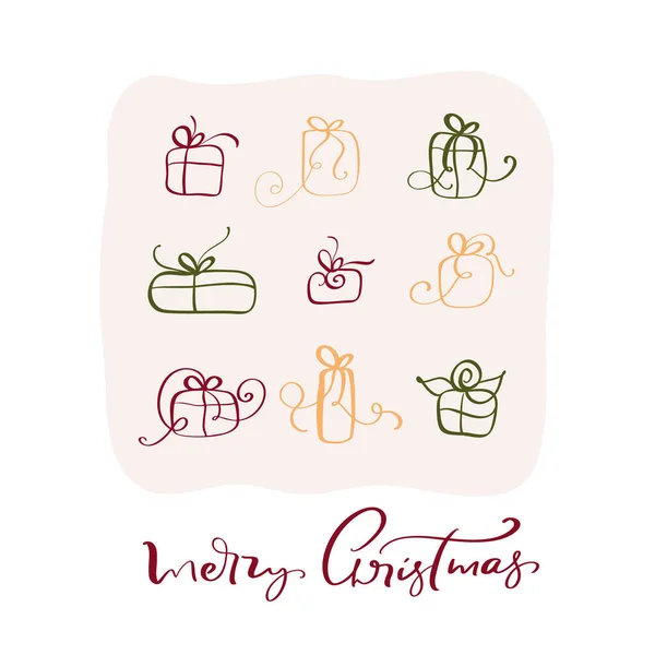 Joyeux Noël vecteur scandinave texte vintage calligraphique avec des boîtes-cadeaux. Modèle de carte de vœux avec éléments de style vintage Doodle Illustration — Image vectorielle