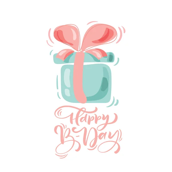Écriture vectorielle Joyeux anniversaire texte de lettrage calligraphique pour carte de vœux avec boîte-cadeau dessinée à la main avec arc pour anniversaire. illustration — Image vectorielle