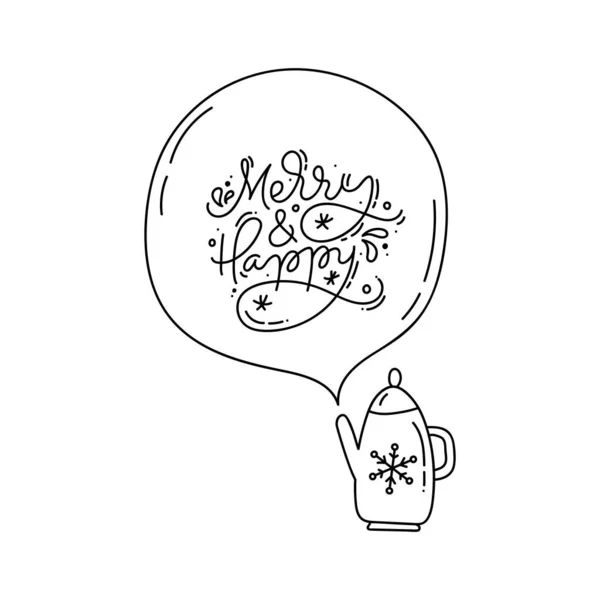Illustration vectorielle de personnage de théière parler monoline dessin animé et bulle avec texte Calligraphie Joyeux et heureux. Carte de voeux pour les vacances de Noël et affiche — Image vectorielle