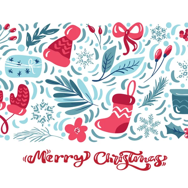 Mutlu Noeller el yazısı vektör metni. Çiçek bitkilerinin olduğu tebrik kartı tasarımı. Modern kış mevsimi kartpostalı, broşür, duvar tasarımı — Stok Vektör