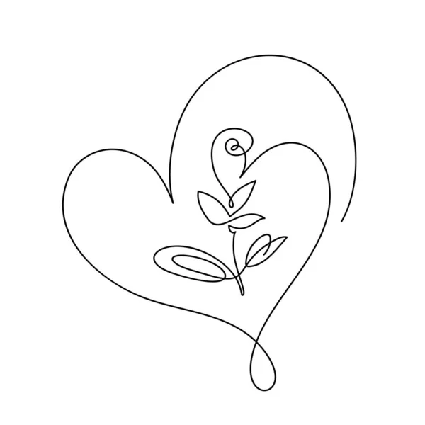 Linha contínua mão desenho caligráfico flor vetor com coração. Conceito logotipo beleza. Monoline primavera elemento de design floral em estilo mínimo. Valentine amor conceito — Vetor de Stock