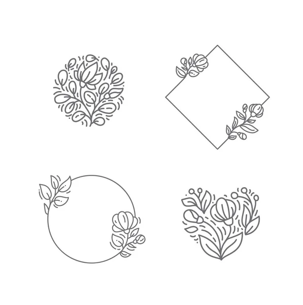 Vektor geometriai monolin négyzet keret virágok és növények tételek. Valentin sablon üdvözlő kártya helyet a szöveges. Design banner, könyv, esküvő, meghívó — Stock Vector