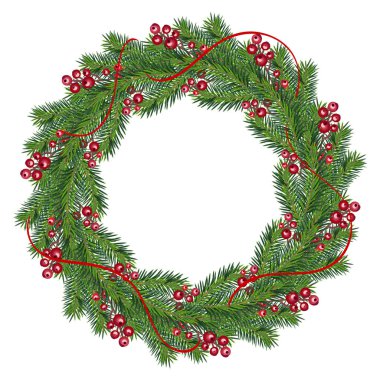 Gerçekçi bir Noel vekil çelengi. Üzerinde kırmızı böğürtlen ve her zaman yeşil olan dallarda yazılı. Tebrik kartı için izole edilmiş xmas illüstrasyonuName