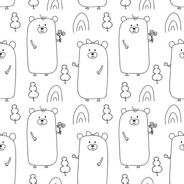 Kusursuz Sevgililer Günü İskandinav bayramı teması: Ormandaki ayı oğlan ve kız. Vektör olarak arkaplan modeli. Duvar kağıdı, tekstil ve çocuk tasarımı için sevimli bir hayvan.