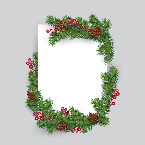 Vánoční maketa dekorace jedle a bobule. Pozvánka Novoroční přání a plakát s místem pro kopírování textu. Dovolená šablona vánoční design — Stockový vektor