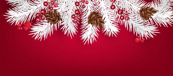 Realistischer weißer Vektor-Weihnachtsbaum und Beerenkranz mit Platz für Text. Grußkarte Winter Element Dekor. Banner Hintergrund Illustration — Stockvektor