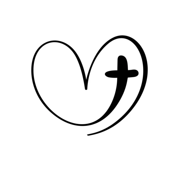 Logo Vector Cristiano Corazón con Cruz sobre un Fondo Blanco. Símbolo caligráfico dibujado a mano. Icono de religión minimalista — Archivo Imágenes Vectoriales