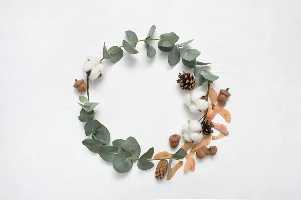 Στεφάνι φθινόπωρο Ευκάλυπτος φύλλα και βελανίδι, κώνο πλαίσιο σε λευκό φόντο με θέση για το κείμενό σας. Επίπεδο lay, πάνω όψη — Φωτογραφία Αρχείου