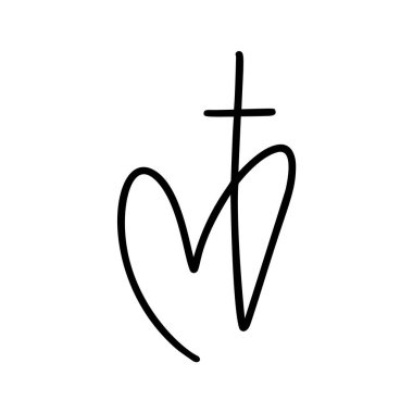 Beyaz Arkaplanda Cross yazan Vector Christian Logo Heart. El Çizimi Kaligrafi sembolü. Minimalist din simgesi