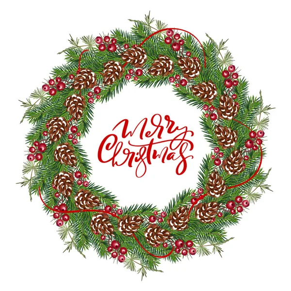 Ghirlanda vettoriale natalizia realistica con bacche rosse su rami sempreverdi e testo Buon Natale. Illustrazione natalizia isolata per biglietto di auguri — Vettoriale Stock