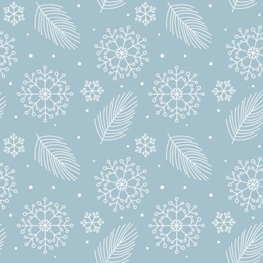 Yaprakları dalları ve kar taneleri olan kusursuz Noel Baba dokusu. Duvar kağıdı, şablon dolguları, tekstil, web sayfası arka planı, yüzey dokuları için kullanılabilir. resimleme