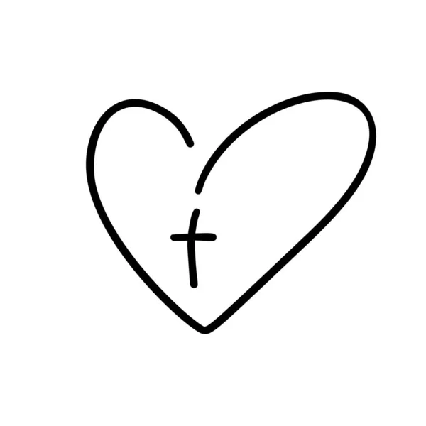 Vektor christliches Logo Herz mit Kreuz auf weißem Hintergrund. isoliertes handgezeichnetes kalligrafisches Symbol. Minimalistische Religionsikone — Stockvektor