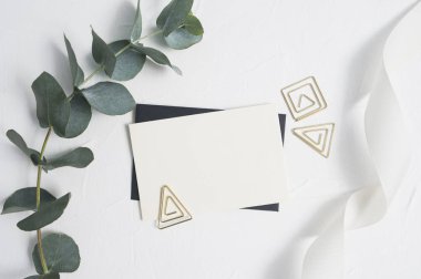 Okaliptüs yapraklarını ve beyaz arkaplandaki yazı için ataçlarını taklit et. Okaliptüs dalı ve kurdeleden çelenk. Düz yatış, üst görünüm