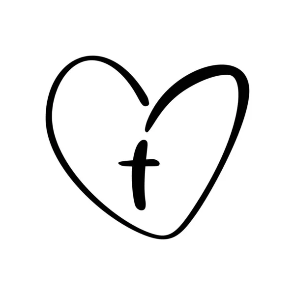 Beyaz Arkaplanda Cross yazan Vector Christian Logo Heart. İzole edilmiş El Çizimi Kaligrafi sembolü. Minimalist din simgesi — Stok Vektör