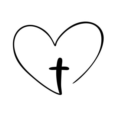 Beyaz Arkaplanda Cross yazan Vector Christian Logo Heart. İzole edilmiş El Çizimi Kaligrafi sembolü. Minimalist din simgesi